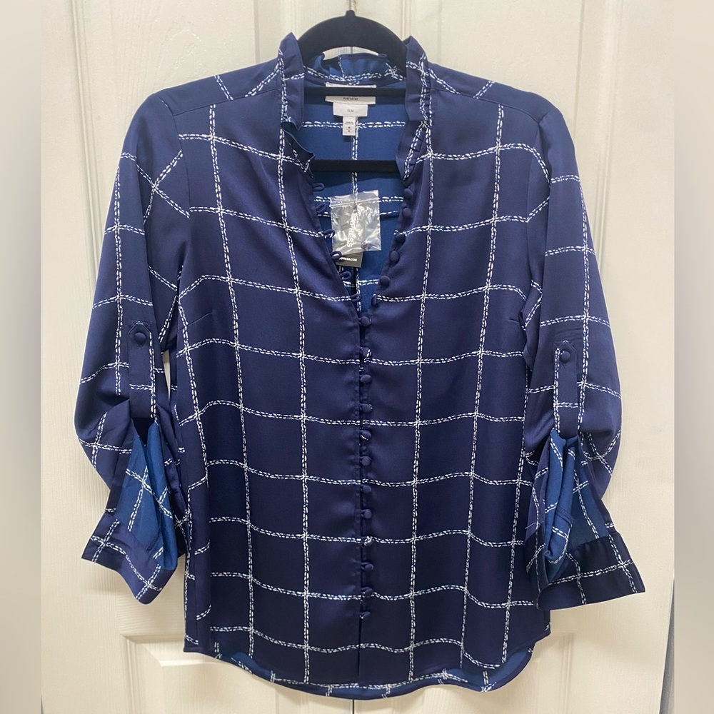 Express Portofino Longsleeve to ¾ sleeve Buttondown Blue & White Blouse Size M